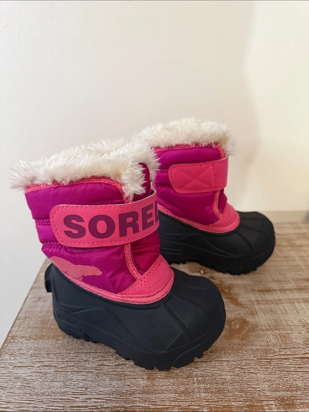 Sorel Toddler Snow Commander Pink Black Winter Boots Faux Fur Trim Size 5
